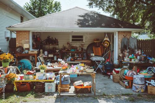 Suburban garage sale full of tools and vintage finds photo