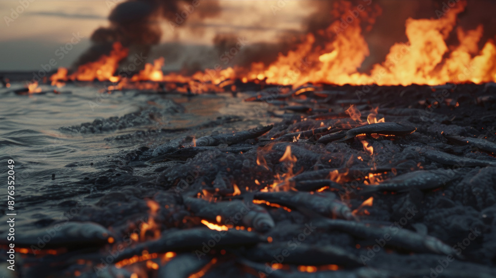 Burning sea and shore, dead fish, lots of smoke and fire, spilled oil. Burning sea and shore, dead fish, lots of smoke and fire, spilled oil.