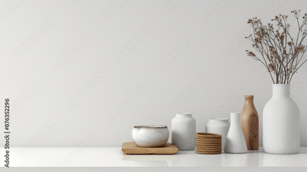 Minimalist White Vases and Dried Flowers on White Background Minimalist White Vases and Dried Flowers on White Background