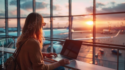 Obraz na płótnie A digital nomad woman efficiently uses her time in the airport waiting area, working on her laptop and showcasing the modern ability to work from anywhere. w salonie