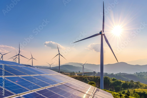 Sustainable energy landscape with solar panels and wind turbines photo