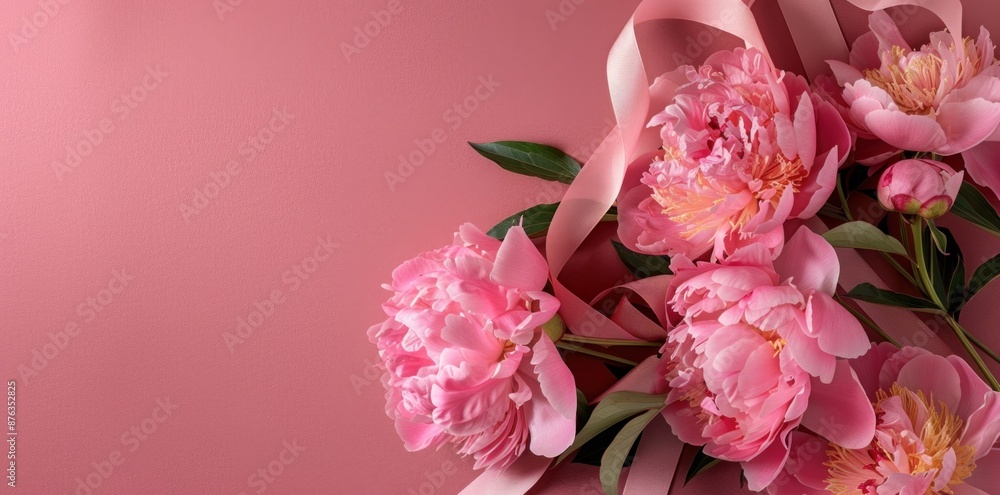 Pink flowers with green leaves are arranged in a bouquet. Concept of beauty and elegance, as the pink flowers and ribbon create a visually pleasing Pink flowers with green leaves are arranged in a bouquet. Concept of beauty and elegance, as the pink flowers and ribbon create a visually pleasing