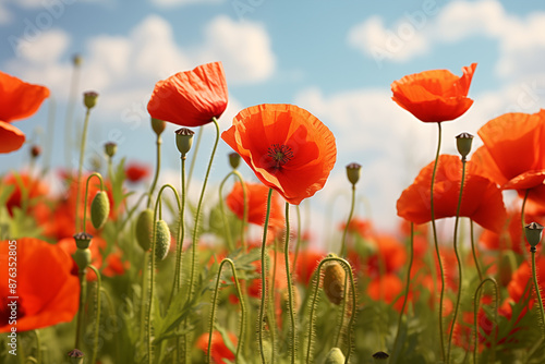 A field full of red poppies with sky on sunny day, summer vibe,, PNG, full HD photo