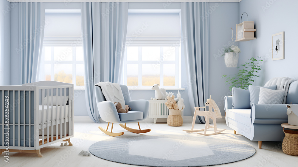 Fototapeta premium 3d render of children's room with blue wall and furniture ,Simple, blue baby bedroom with cot and rug 