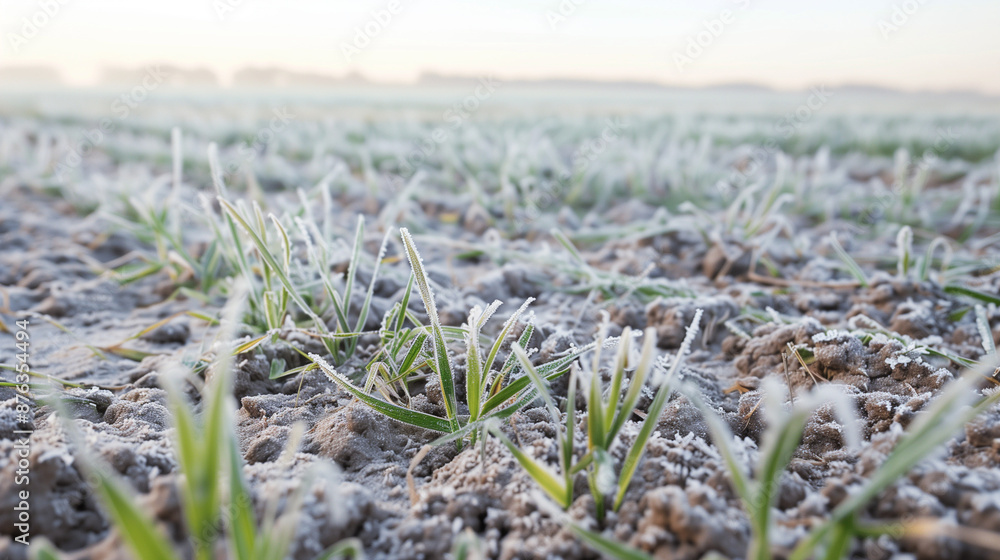 In a winter field of winter wheat, frosty sprouts covered with tiny ice crystals are visible, creating a harmonious composition with the natural background of blue sky and white clouds. In a winter field of winter wheat, frosty sprouts covered with tiny ice crystals are visible, creating a harmonious composition with the natural background of blue sky and white clouds.