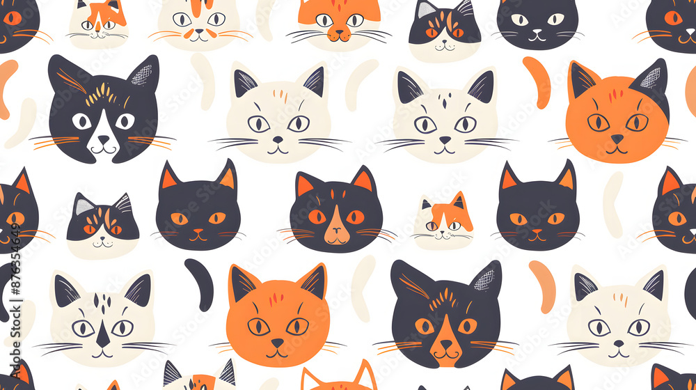 Seamless pattern of serious face cat in orange, black and white on a white background. Seamless pattern of serious face cat in orange, black and white on a white background.