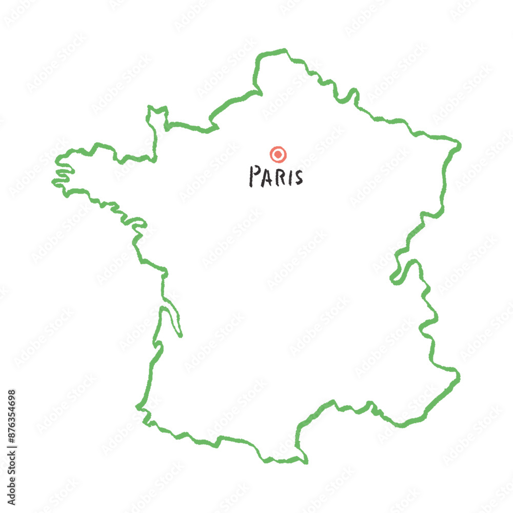 Obraz premium 手描きのシンプルでおしゃれなフランスの白地図 - 首都パリの位置をマークした線画マップ