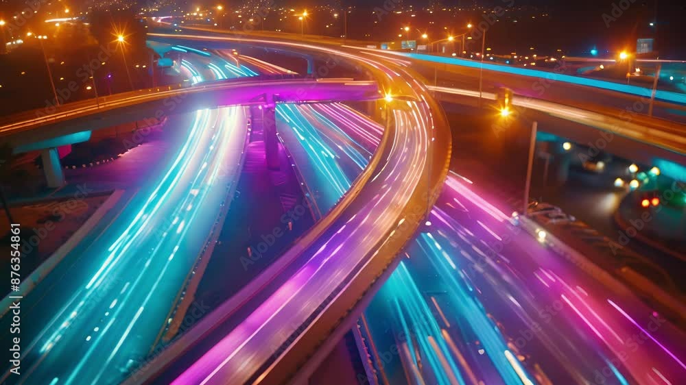 The chaotic and colorful light trails captured on the highway below remind us of the constant buzz of activity in the city. The chaotic and colorful light trails captured on the highway below remind us of the constant buzz of activity in the city.