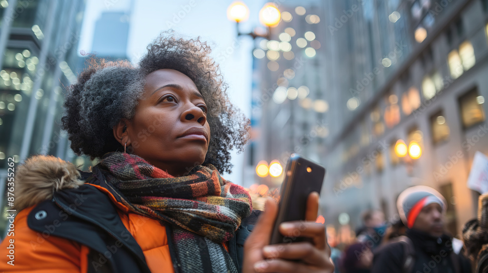 Empowered Woman Participating in Urban Demonstration Holding Smartphone Empowered Woman Participating in Urban Demonstration Holding Smartphone