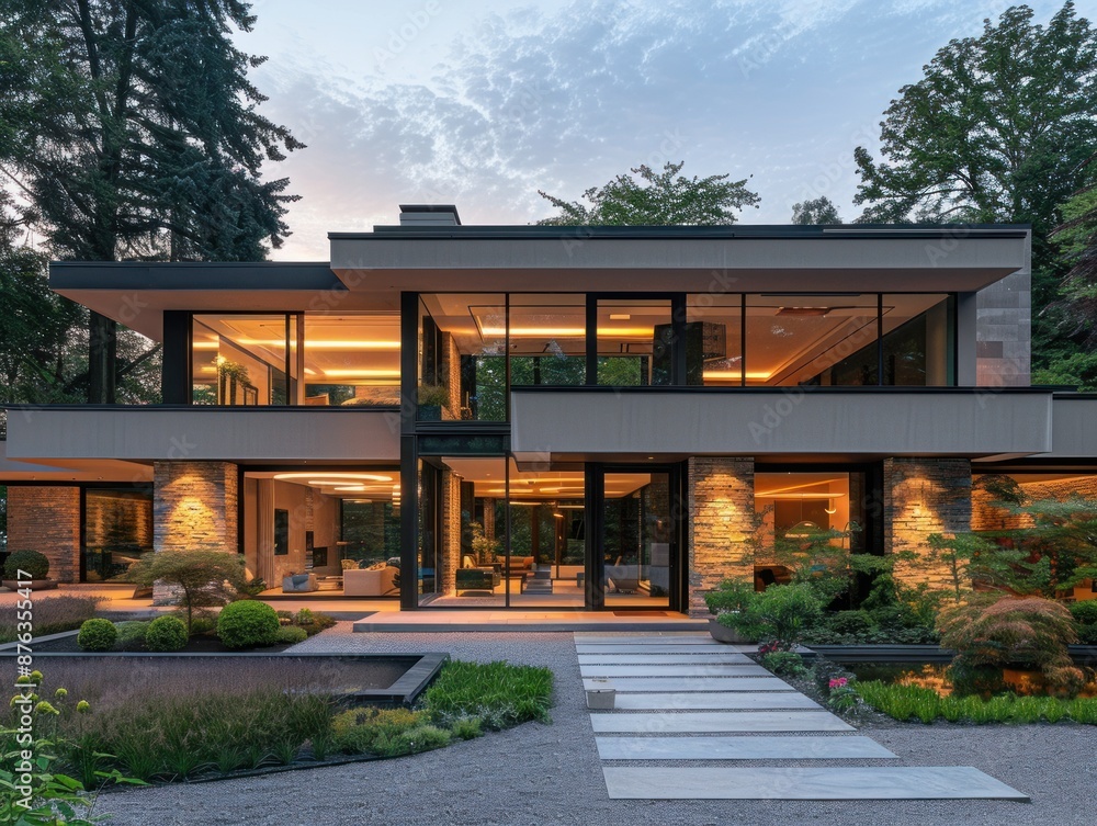 A modern house with stone accents and expansive windows is bathed in the soft glow of twilight A modern house with stone accents and expansive windows is bathed in the soft glow of twilight
