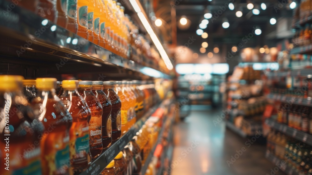 Fototapeta premium Juice Bottles on Shelves in Grocery Store