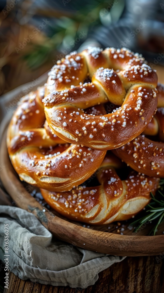 A beautiful arrangement of freshly baked pretzels with coarse salt, stacked on a wooden table with a Bavarian tablecloth. Oktoberfest selebration A beautiful arrangement of freshly baked pretzels with coarse salt, stacked on a wooden table with a Bavarian tablecloth. Oktoberfest selebration