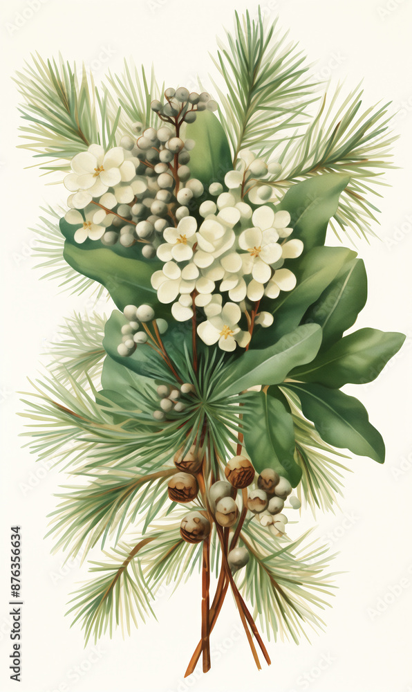 Watercolor painting of a winter bouquet of branches and mistletoe. Watercolor painting of a winter bouquet of branches and mistletoe.