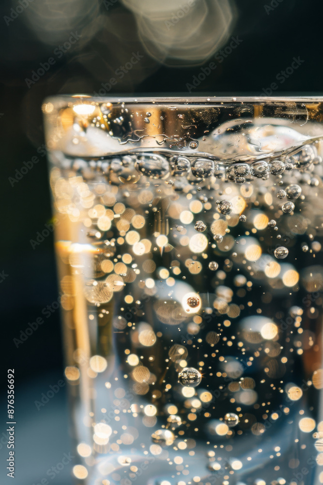Sparkling water glass with bubbles close-up Sparkling water glass with bubbles close-up