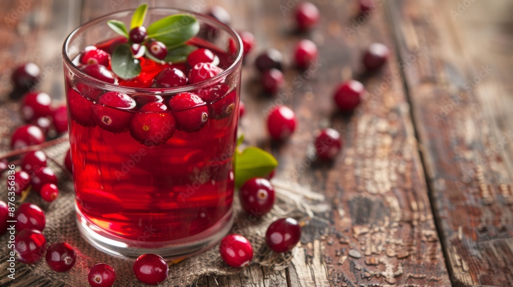 A glass of cranberry juice with whole cranberries. A glass of cranberry juice with whole cranberries.