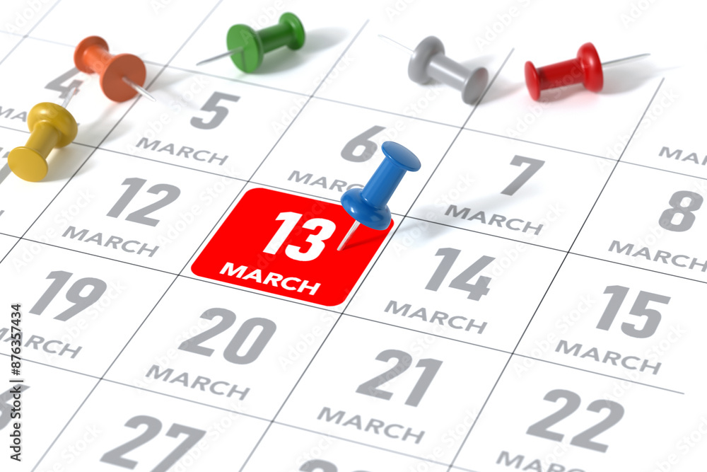 March Calendar with Blue Pushpin. Calendar Concept Using White Background and Simple Composition. 3d Rendering March Calendar with Blue Pushpin. Calendar Concept Using White Background and Simple Composition. 3d Rendering