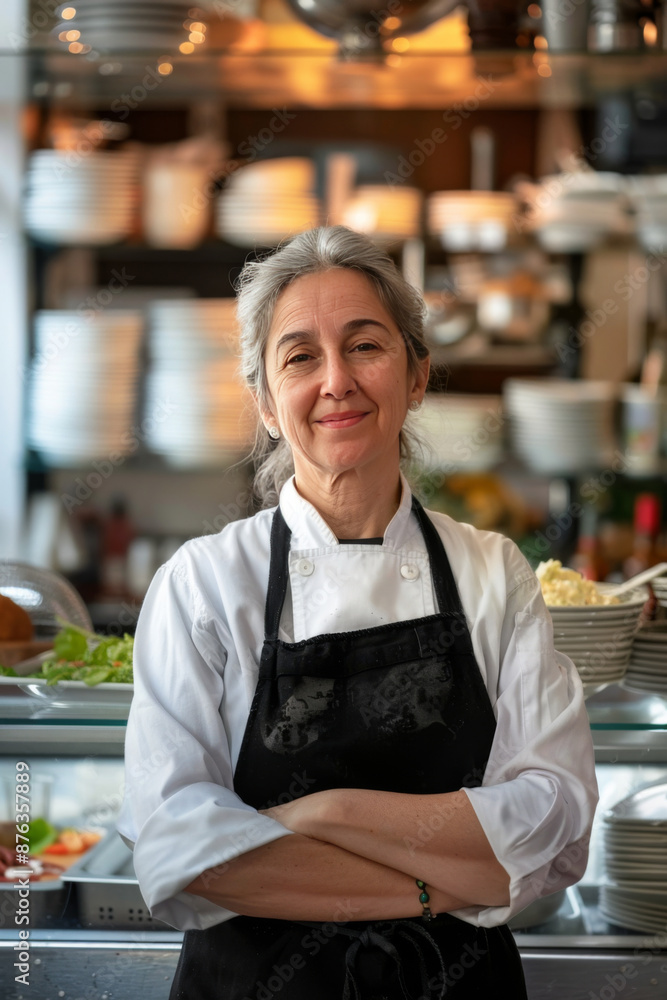 Confident senior female chef in commercial kitchen Confident senior female chef in commercial kitchen