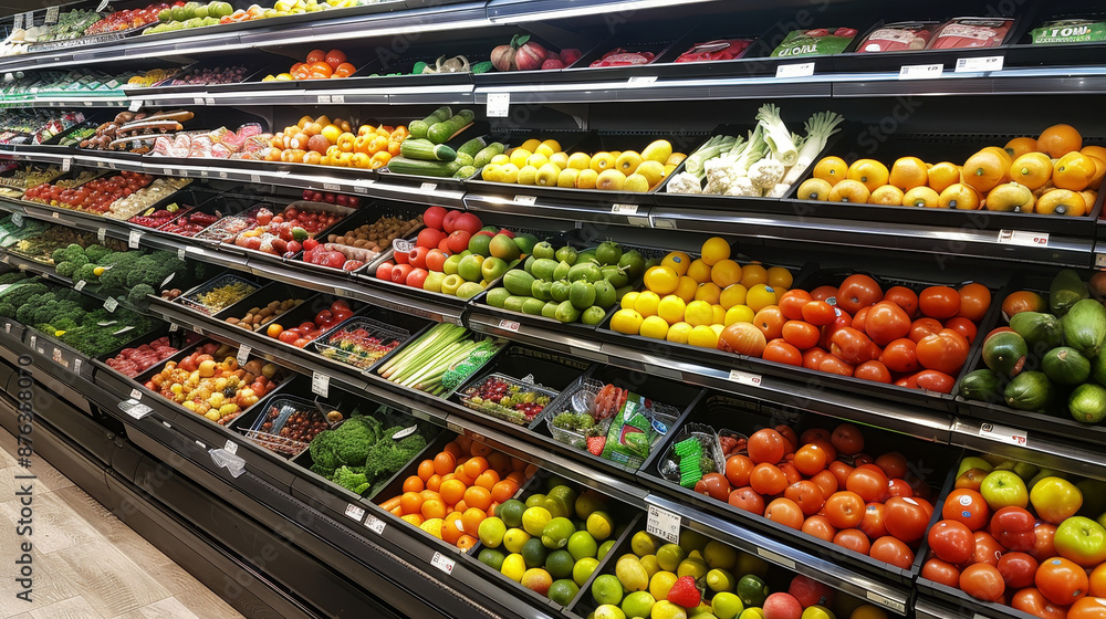 custom made wallpaper toronto digitalRows of fruits and vegetables neatly arranged on a shelf in a supermarket or grocery store.