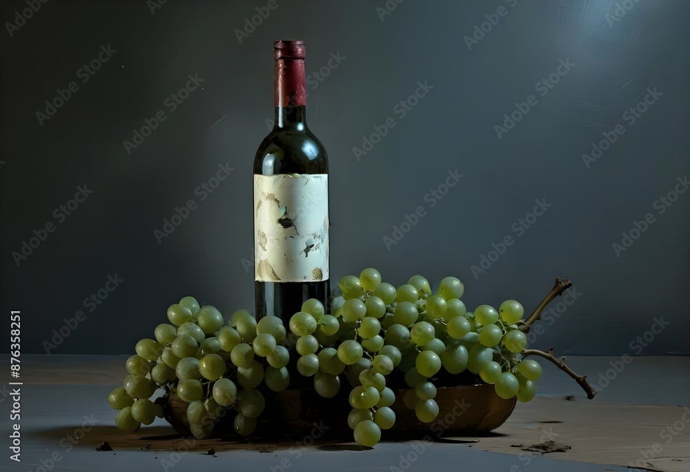 Obraz premium A bottle of red wine with a label, surrounded by green grapes on a wooden surface against a dark background, white empty label, free space fror grand or writings