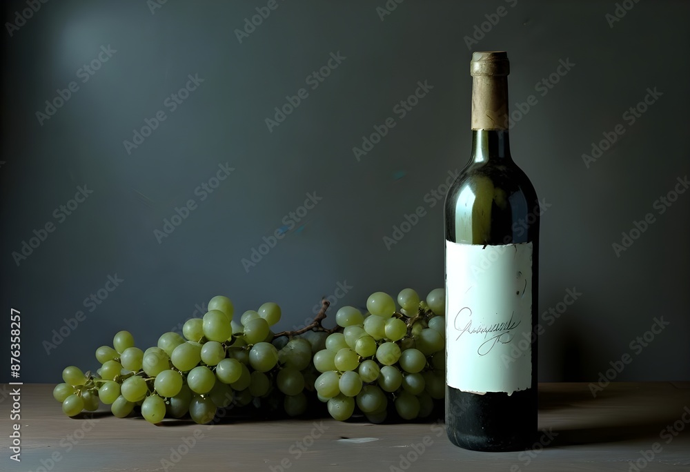 Obraz premium A bottle of red wine with a label, surrounded by green grapes on a wooden surface against a dark background, white empty label, free space fror grand or writings