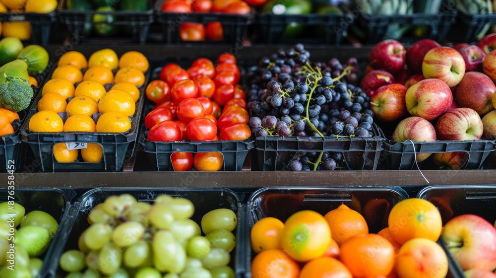 Rows of fruits and vegetables neatly arranged on a shelf in a supermarket or grocery store. Rows of fruits and vegetables neatly arranged on a shelf in a supermarket or grocery store.