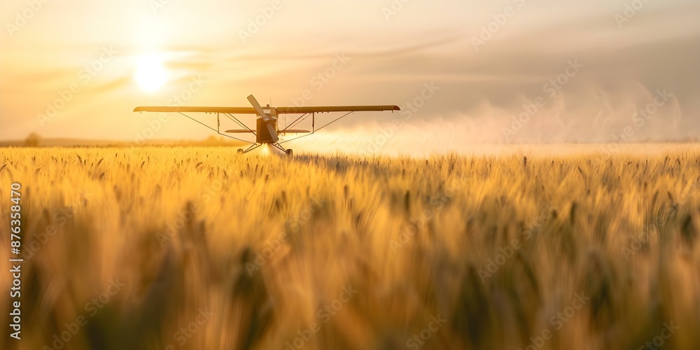 Protecting Wheat Field Farmer Spraying Chemicals from Crop Duster to Combat Pests. Concept Agricultural Spraying, Crop Dusting, Pest Control, Farming Techniques, Crop Protection Protecting Wheat Field Farmer Spraying Chemicals from Crop Duster to Combat Pests. Concept Agricultural Spraying, Crop Dusting, Pest Control, Farming Techniques, Crop Protection
