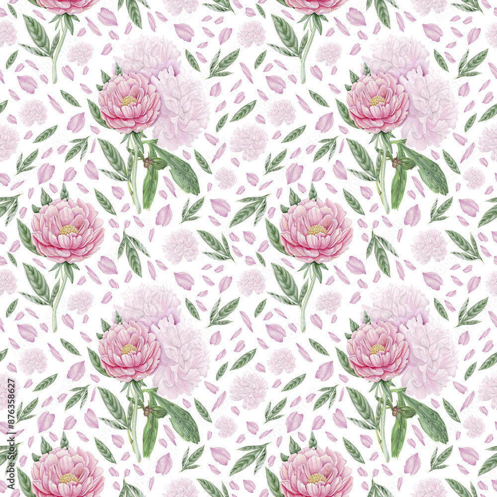 Pink peony seamless pattern on a white background. Bouquet of peonies, hand painted watercolor texture. Pink peony seamless pattern on a white background. Bouquet of peonies, hand painted watercolor texture.