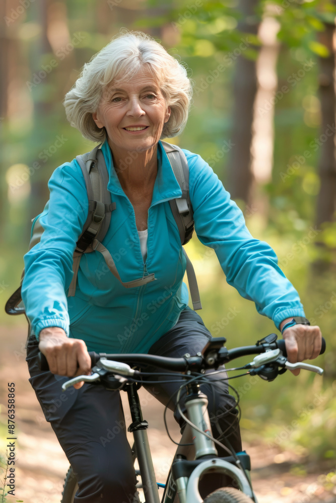 Obraz premium Senior woman enjoying bike ride in forest