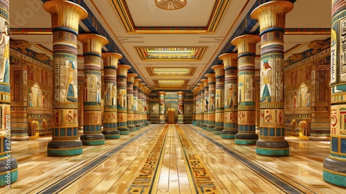 Interior of an Egyptian-themed hall with colorful pillars and hieroglyphs, evoking ancient grandeur.