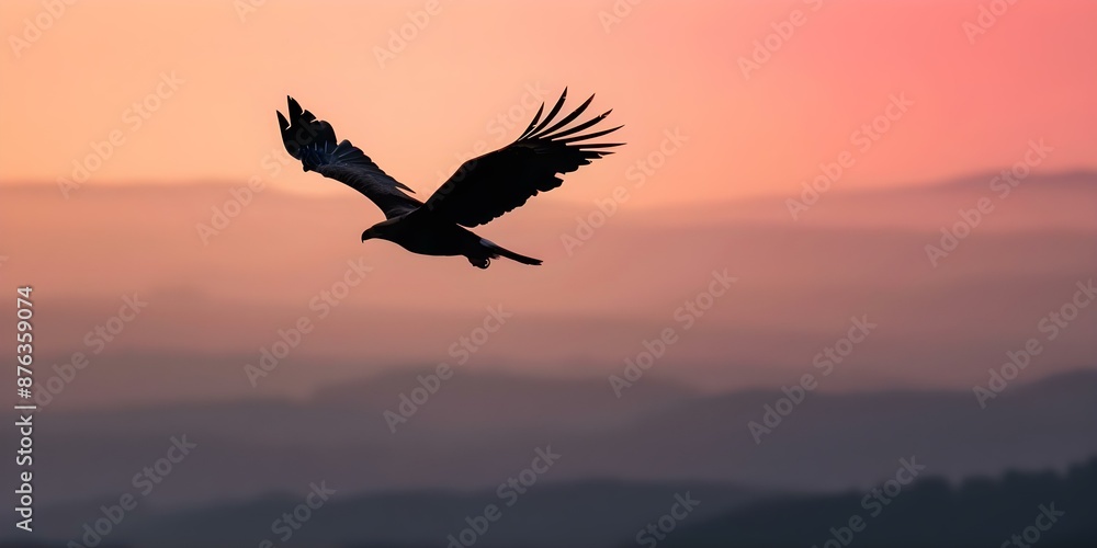 Naklejka premium Eagle silhouette majestically soaring in the dusk sky. Concept Nature, Wildlife, Silhouette, Majestic, Dusk Sky