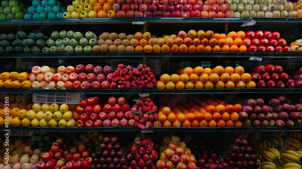 Rows of fruits and vegetables neatly arranged on a shelf in a supermarket or grocery store. Rows of fruits and vegetables neatly arranged on a shelf in a supermarket or grocery store.