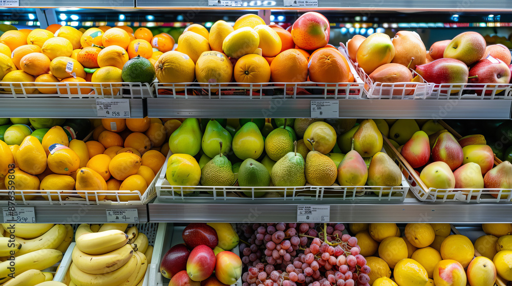 Rows of fruits and vegetables neatly arranged on a shelf in a supermarket or grocery store.