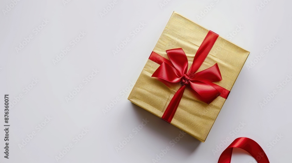Luxurious Open Gold Gift Box With A Striking Red Ribbon Bow, Isolated On A Pristine White Background. Luxurious Open Gold Gift Box With A Striking Red Ribbon Bow, Isolated On A Pristine White Background.