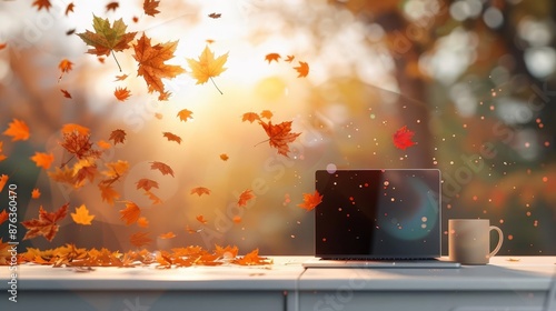 Autumn leaves falling outside office window, workspaces with laptops, Watercolor style
