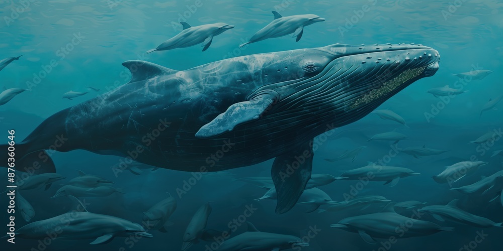 A large whale swims through a school of fish in the deep blue ocean. A large whale swims through a school of fish in the deep blue ocean.