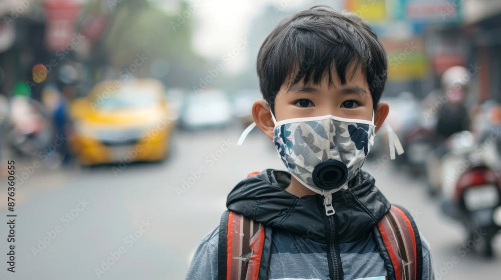 The child is wearing a mask to protect against air pollution. The child is wearing a mask to protect against air pollution.