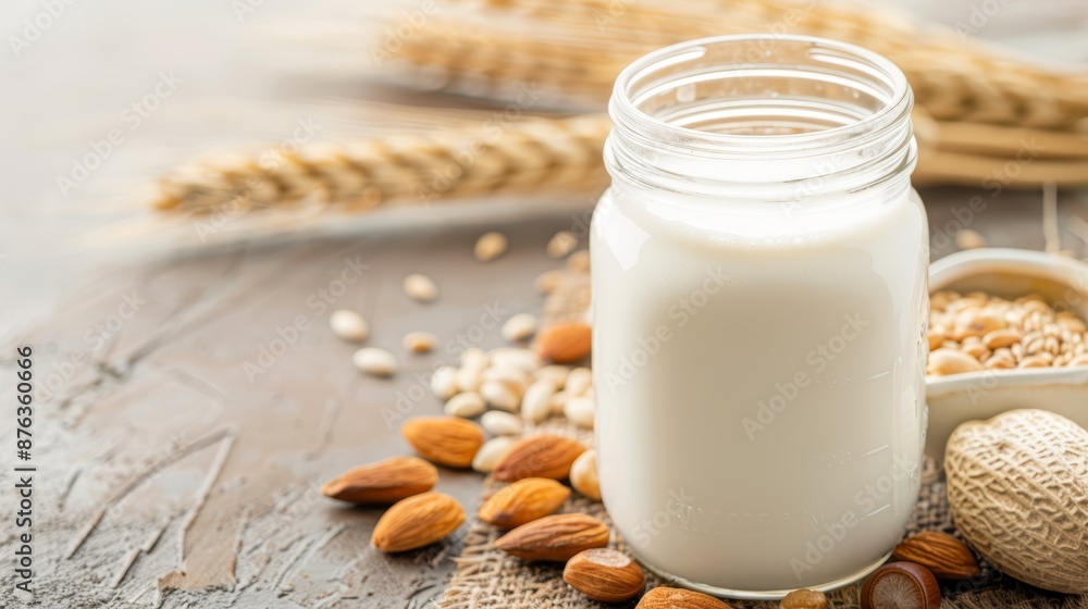 Freshly made plant-based milk in a mason jar, placed on a rustic table with organic nuts and grains, cinematic close-up, no people, focus cover all object, deep dept of field Freshly made plant-based milk in a mason jar, placed on a rustic table with organic nuts and grains, cinematic close-up, no people, focus cover all object, deep dept of field