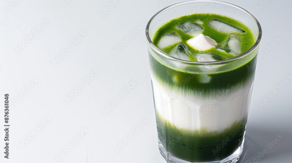 Overhead view of iced matcha latte in a glass Overhead view of iced matcha latte in a glass