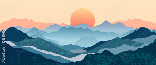 Abstract mountain landscape background, Nature wall decor, art print, minimalist panorama hill, adventure and travel view design. Vector illustration