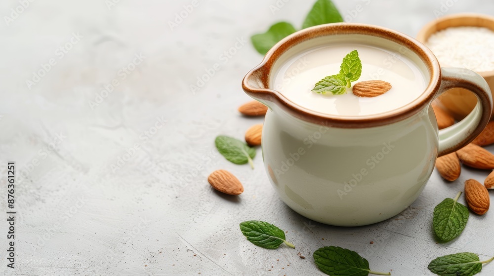 Artisanal plant-based milk in a ceramic jug, with organic ingredients artistically arranged around, cinematic close-up, no people, focus cover all object, deep dept of field Artisanal plant-based milk in a ceramic jug, with organic ingredients artistically arranged around, cinematic close-up, no people, focus cover all object, deep dept of field