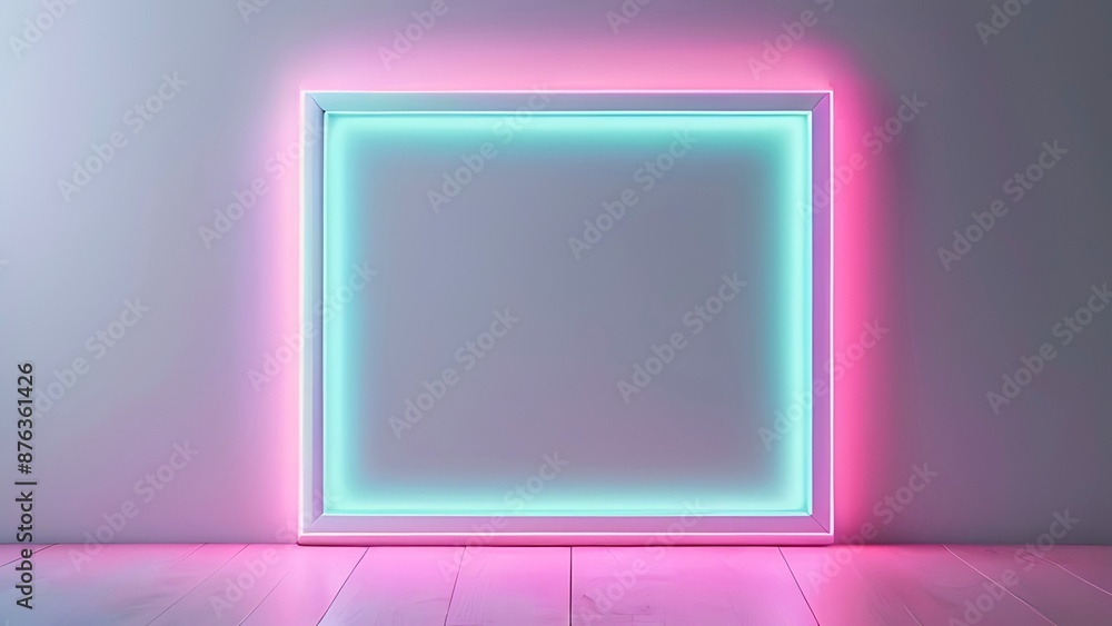Square blank frame mockup with glowing soft blue on pink neon light background. 3d rendering with copy space for template, artwork, display, showcase exhibition Square blank frame mockup with glowing soft blue on pink neon light background. 3d rendering with copy space for template, artwork, display, showcase exhibition