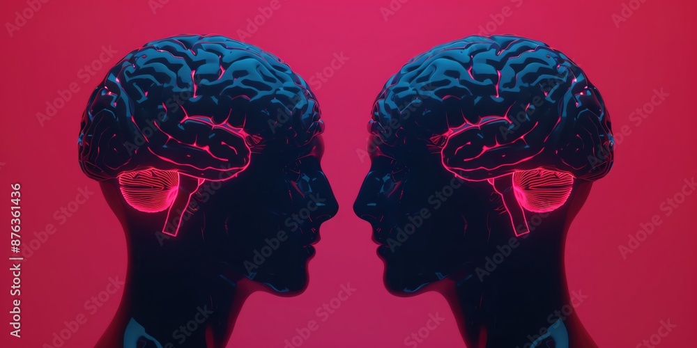 Two human profiles with visible brains facing each other. Two human profiles with visible brains facing each other.