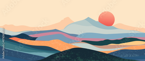 Abstract mountain landscape background, Nature wall decor, art print, minimalist panorama hill, adventure and travel view design. Vector illustration