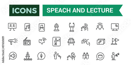 Speach and Lecture icons set outline vector. Outline icons pack. Editable vector line icon set and illustration for web and UI application.