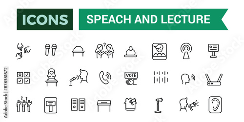 Speach and Lecture icons set outline vector. Outline icons pack. Editable vector line icon set and illustration for web and UI application.