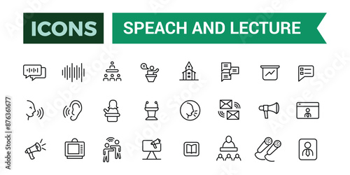 Speach and Lecture icons set outline vector. Outline icons pack. Editable vector line icon set and illustration for web and UI application.