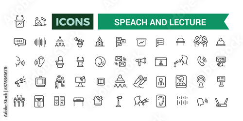 Speach and Lecture icons set outline vector. Outline icons pack. Editable vector line icon set and illustration for web and UI application.