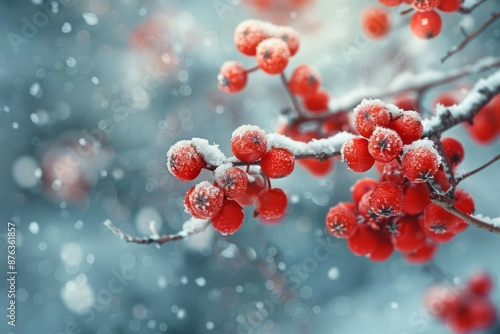 A close-up of red berries covered in snow, with a softly blurred winter background. © Uliana