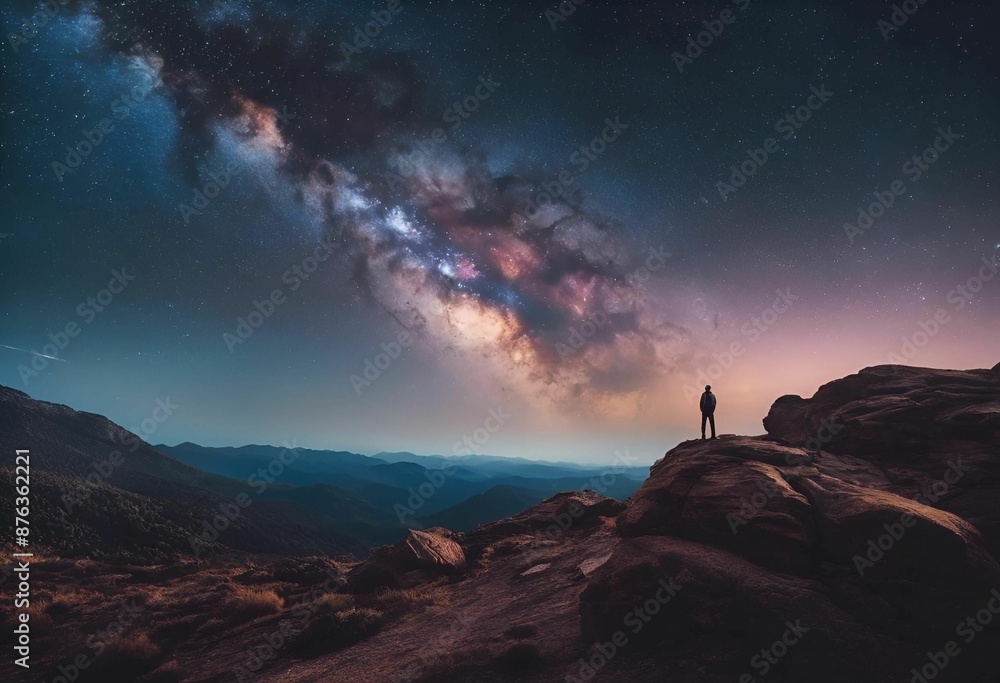 AI generated illustration of a lone person standing on a rocky outcrop under a stunning Milky Way AI generated illustration of a lone person standing on a rocky outcrop under a stunning Milky Way