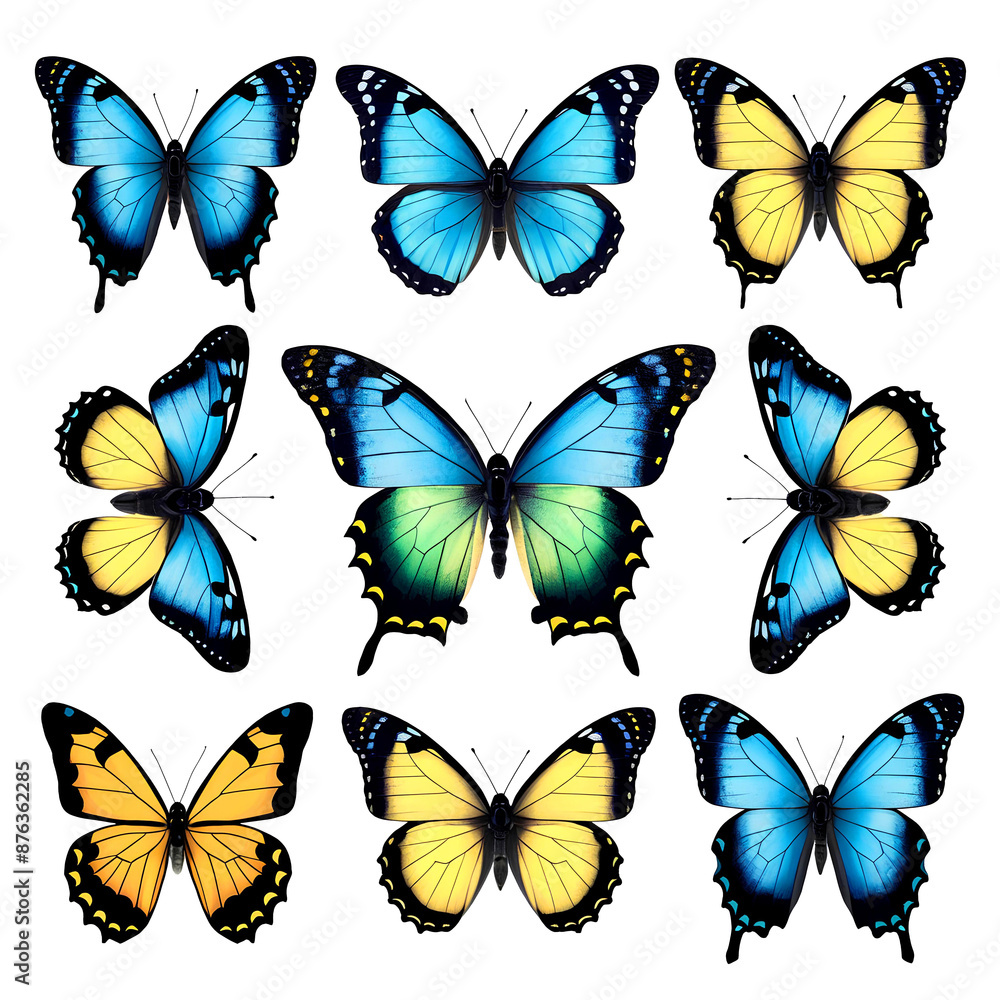 Obraz premium PNG set of beautiful blue green yellow butterflies isolated on white or transparent PNG